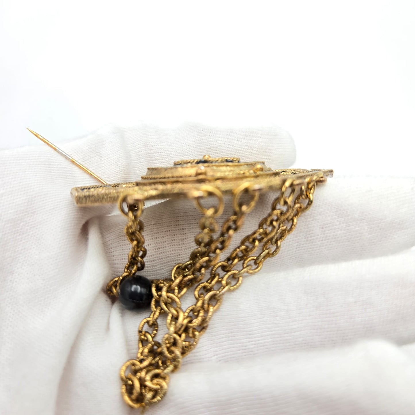 Vintage Victorian Revival Gold Tone, Black Enamel Dangling Chains Brooch Pin