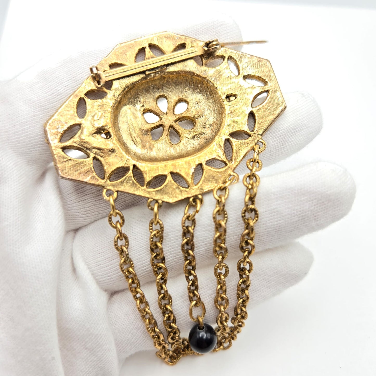 Vintage Victorian Revival Gold Tone, Black Enamel Dangling Chains Brooch Pin