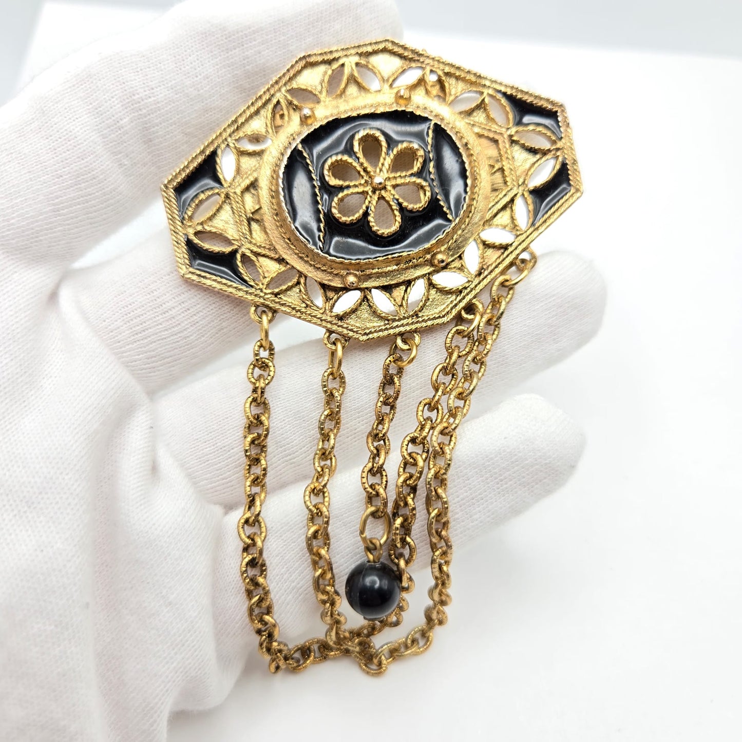 Vintage Victorian Revival Gold Tone, Black Enamel Dangling Chains Brooch Pin