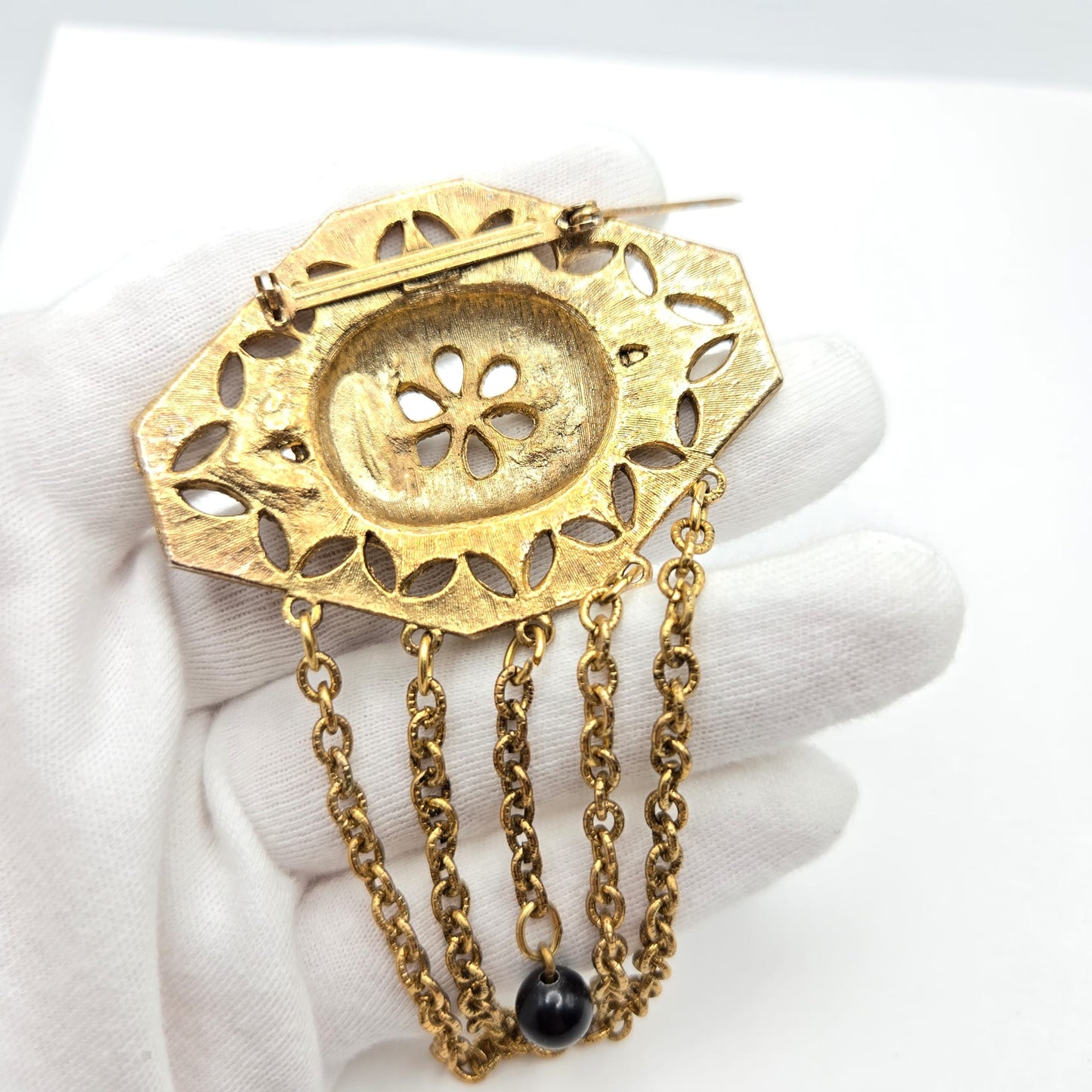 Vintage Victorian Revival Gold Tone, Black Enamel Dangling Chains Brooch Pin