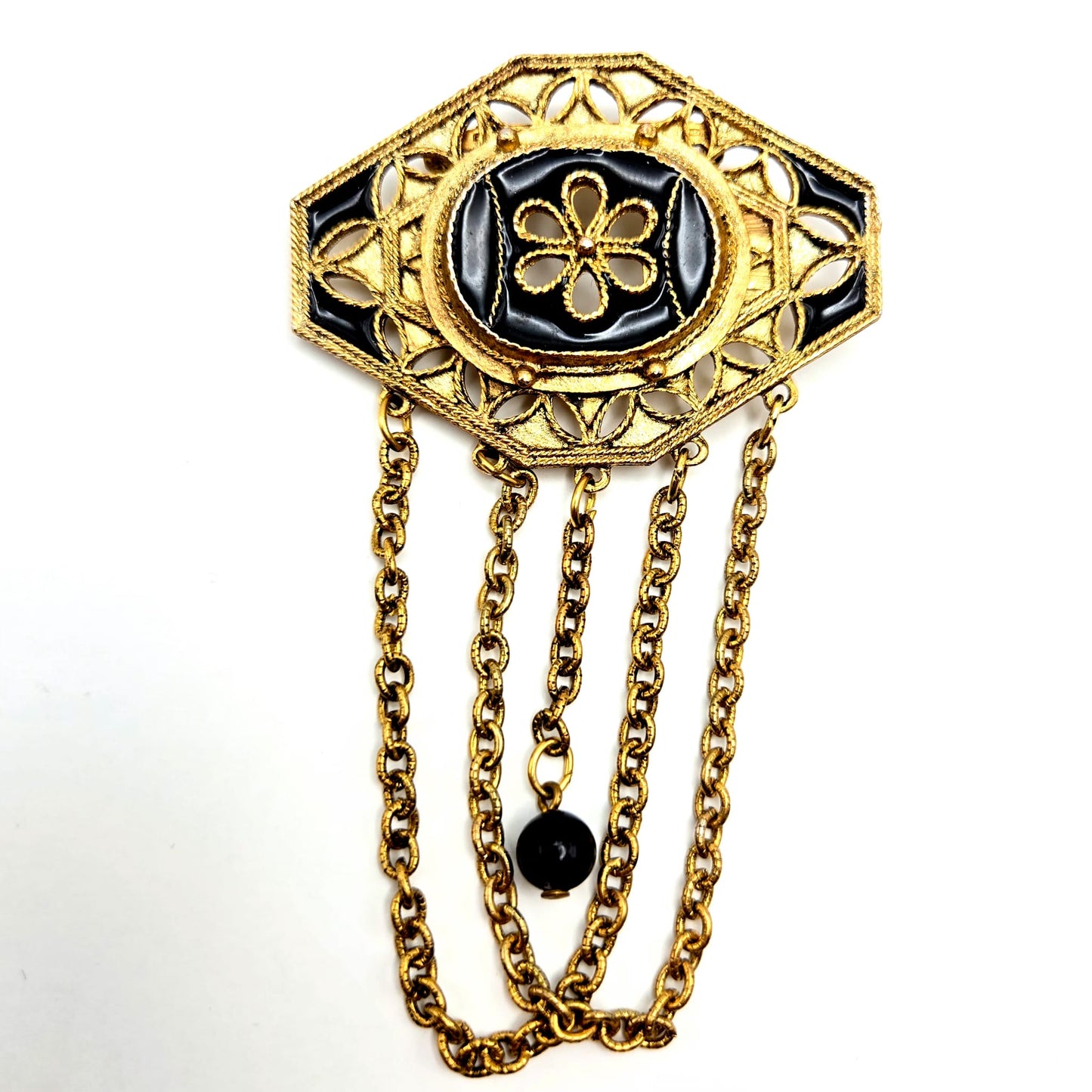Vintage Victorian Revival Gold Tone, Black Enamel Dangling Chains Brooch Pin