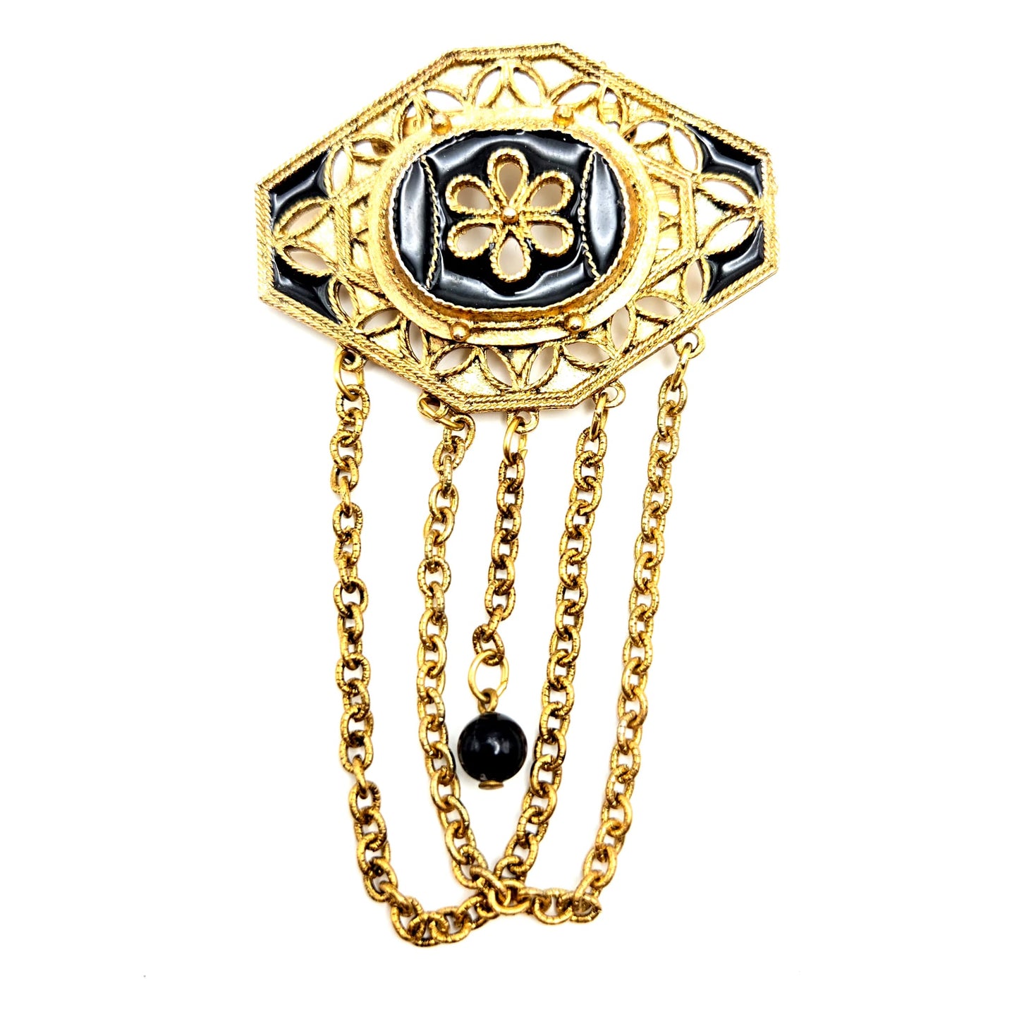 Vintage Victorian Revival Gold Tone, Black Enamel Dangling Chains Brooch Pin