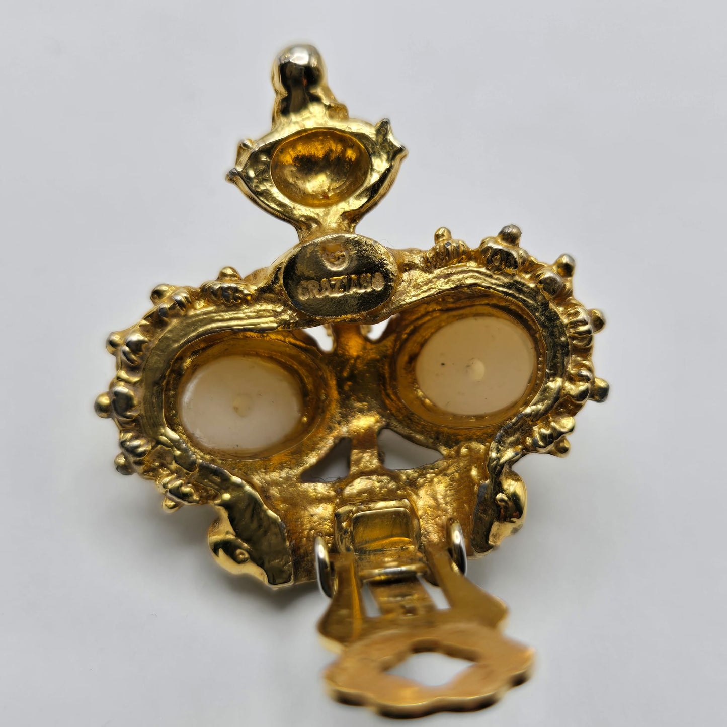 Vintage GRAZIANO Crown, Faux Pearls, Rhinestones, Gold Tone Clip on Earrings