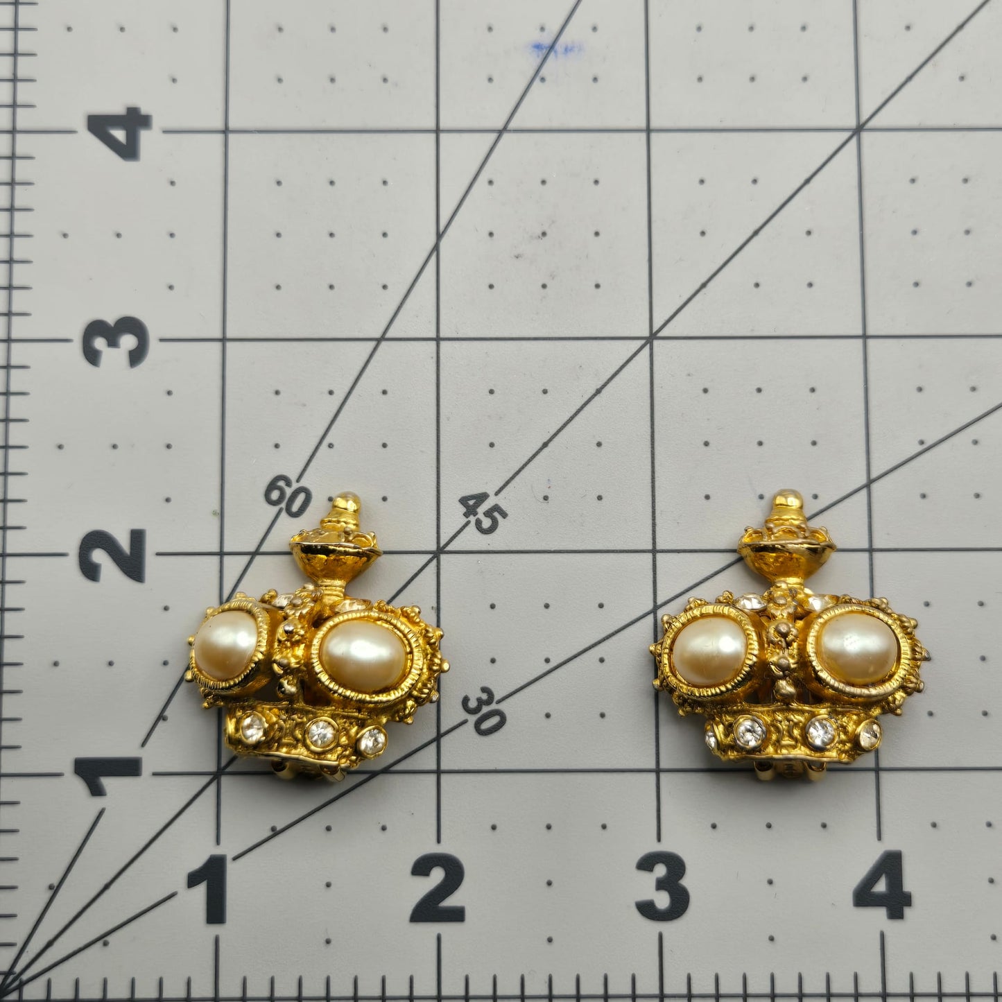Vintage GRAZIANO Crown, Faux Pearls, Rhinestones, Gold Tone Clip on Earrings