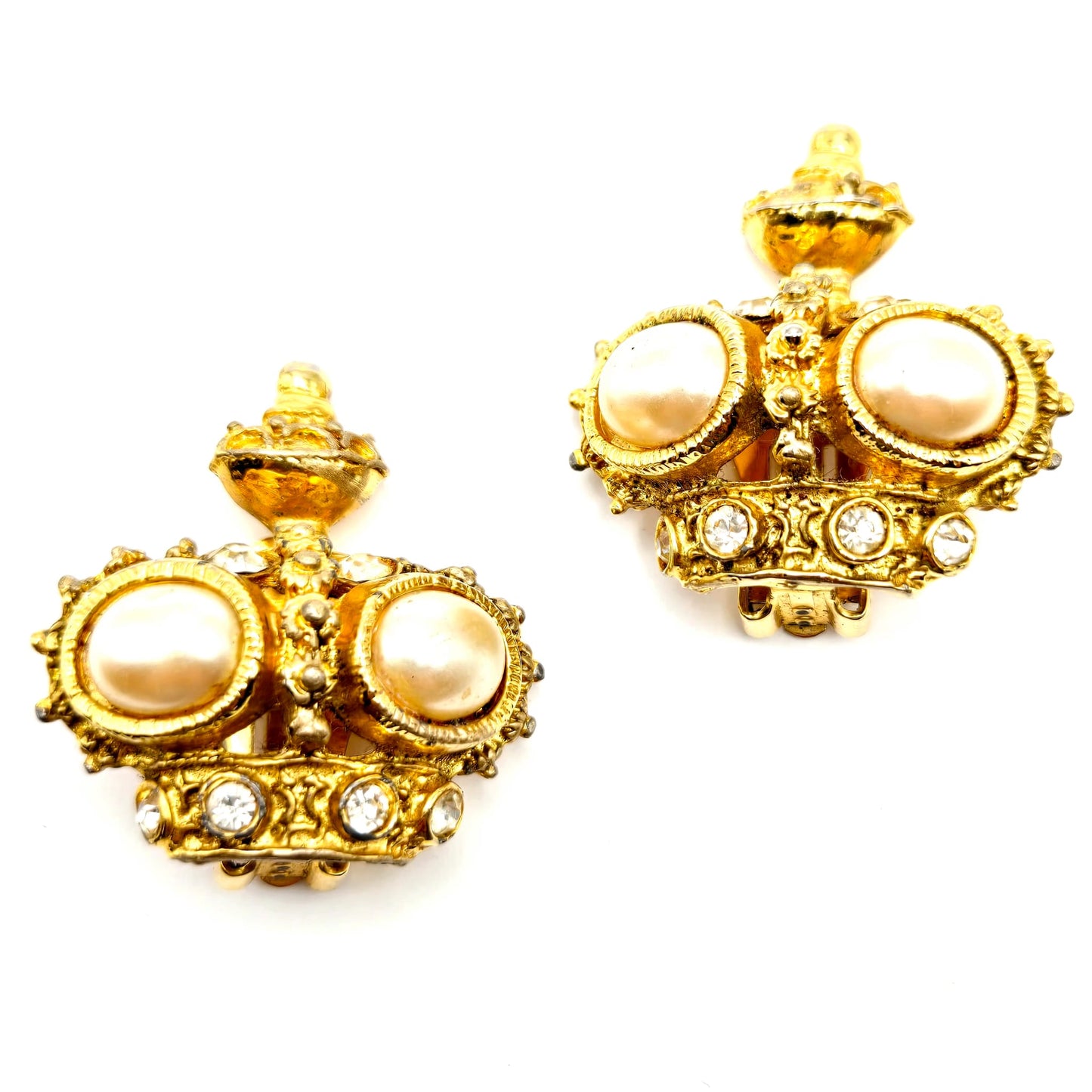 Vintage GRAZIANO Crown, Faux Pearls, Rhinestones, Gold Tone Clip on Earrings