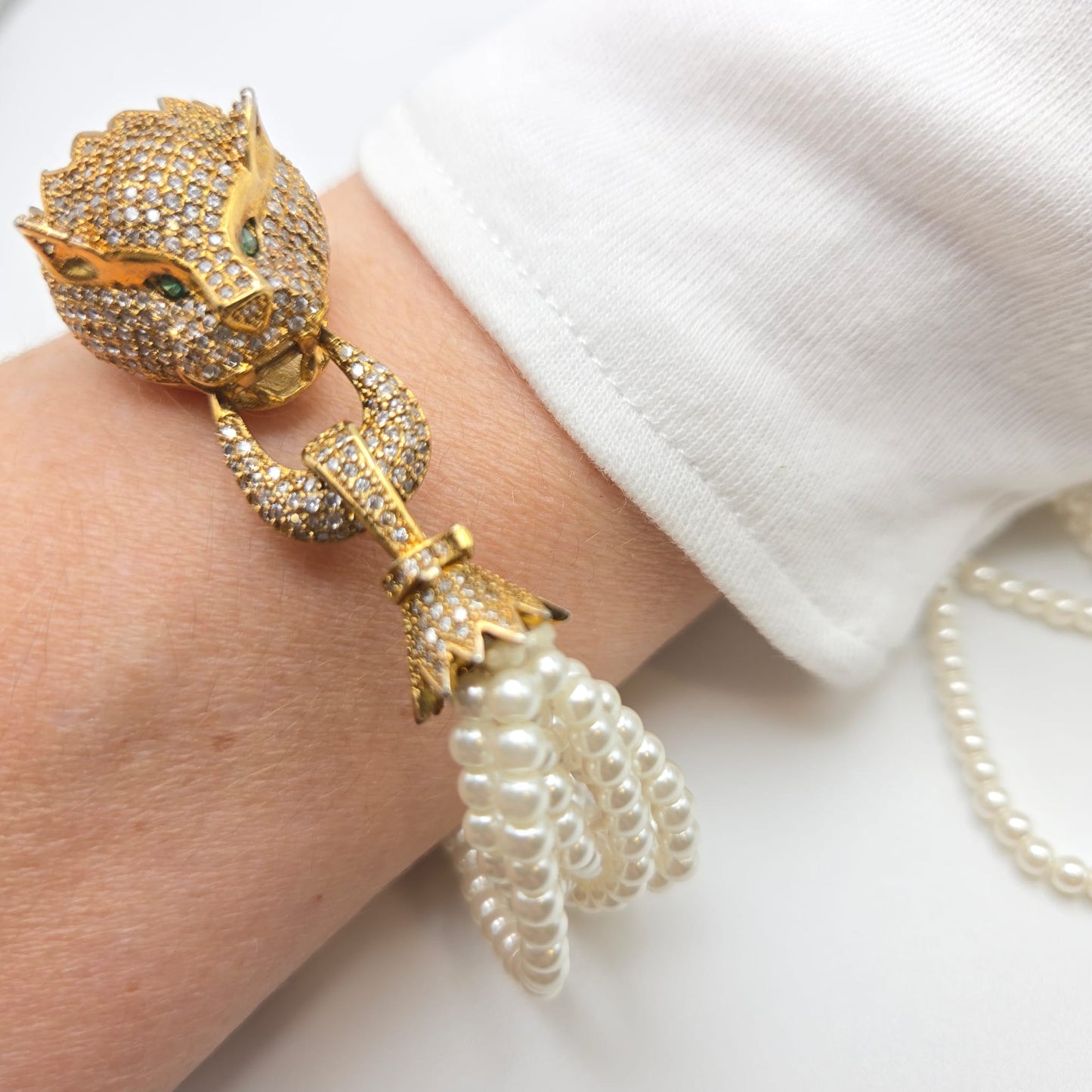 Vintage Green Eyes Leopard Necklace and Bracelet Set, Multi Strand Faux Pearls, Rhinestones, Gold Tone Metal