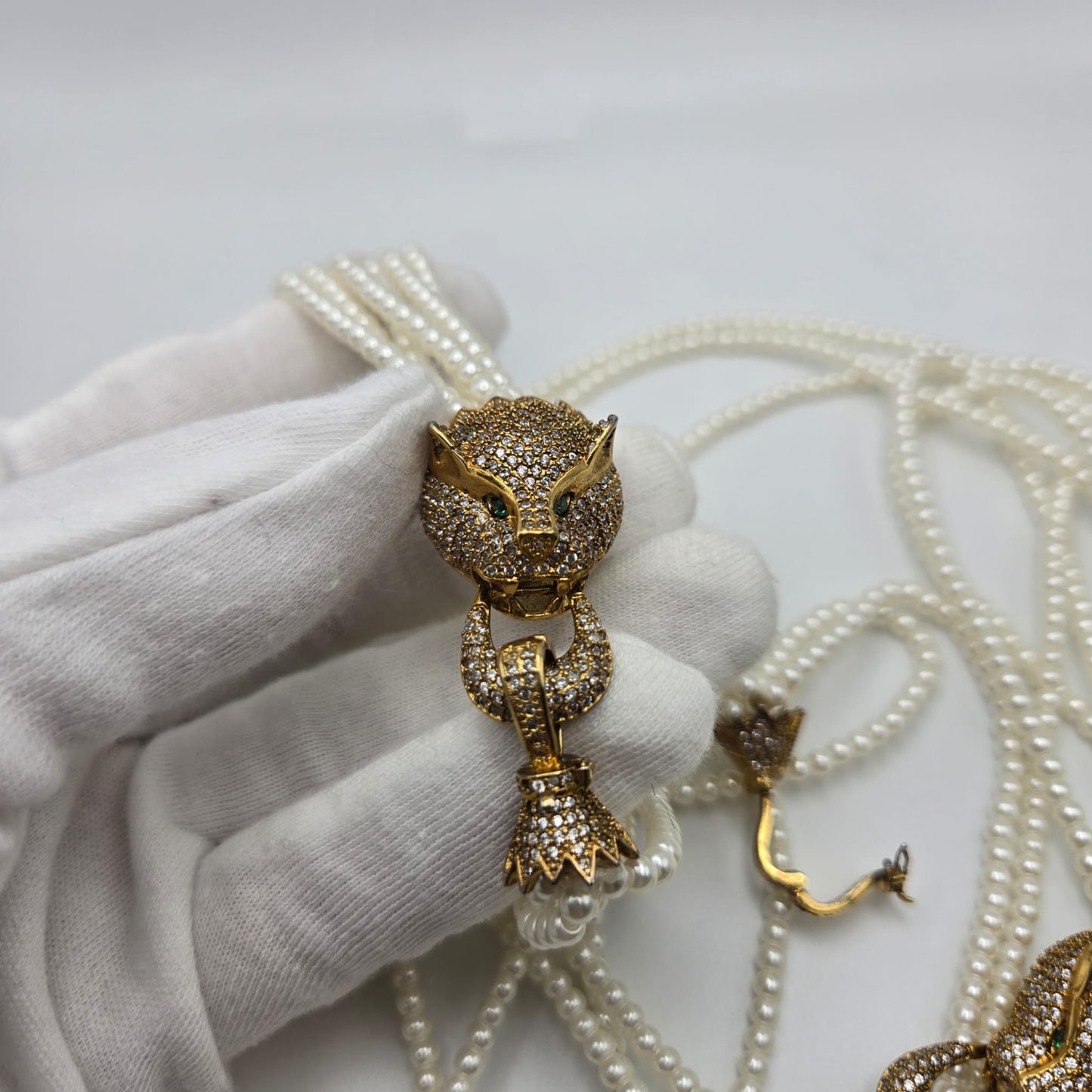 Vintage Green Eyes Leopard Necklace and Bracelet Set, Multi Strand Faux Pearls, Rhinestones, Gold Tone Metal