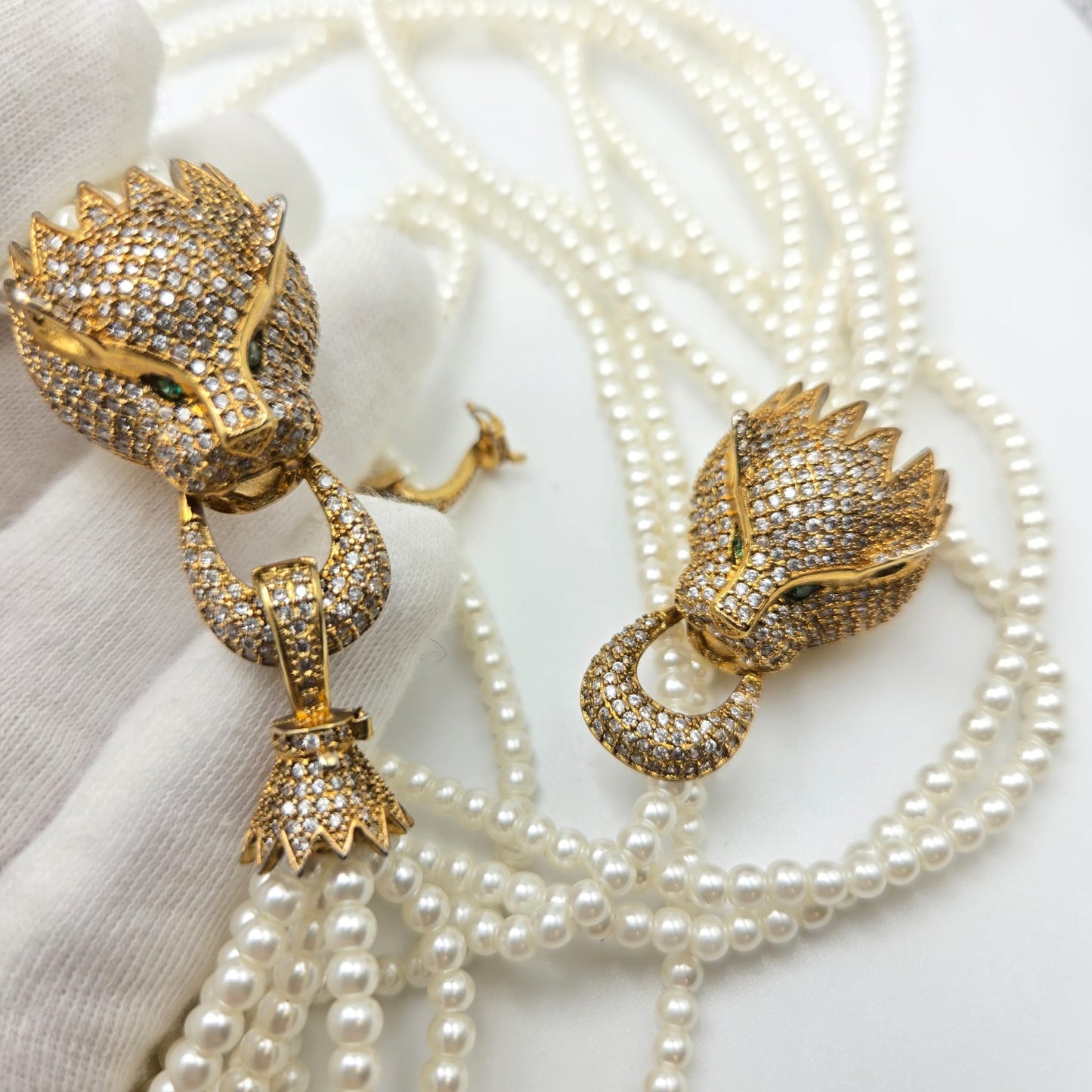 Vintage Green Eyes Leopard Necklace and Bracelet Set, Multi Strand Faux Pearls, Rhinestones, Gold Tone Metal