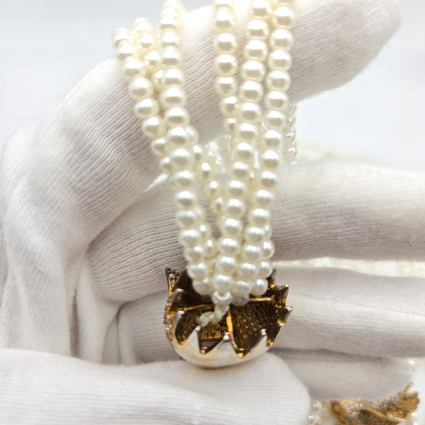 Vintage Green Eyes Leopard Necklace and Bracelet Set, Multi Strand Faux Pearls, Rhinestones, Gold Tone Metal