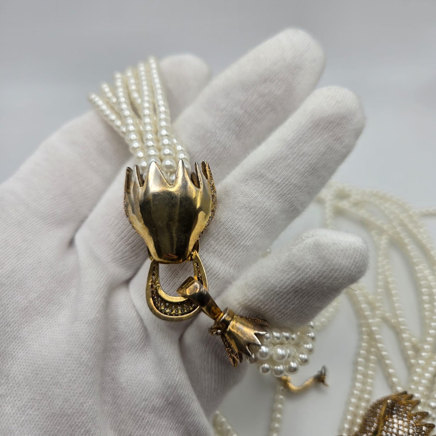 Vintage Green Eyes Leopard Necklace and Bracelet Set, Multi Strand Faux Pearls, Rhinestones, Gold Tone Metal