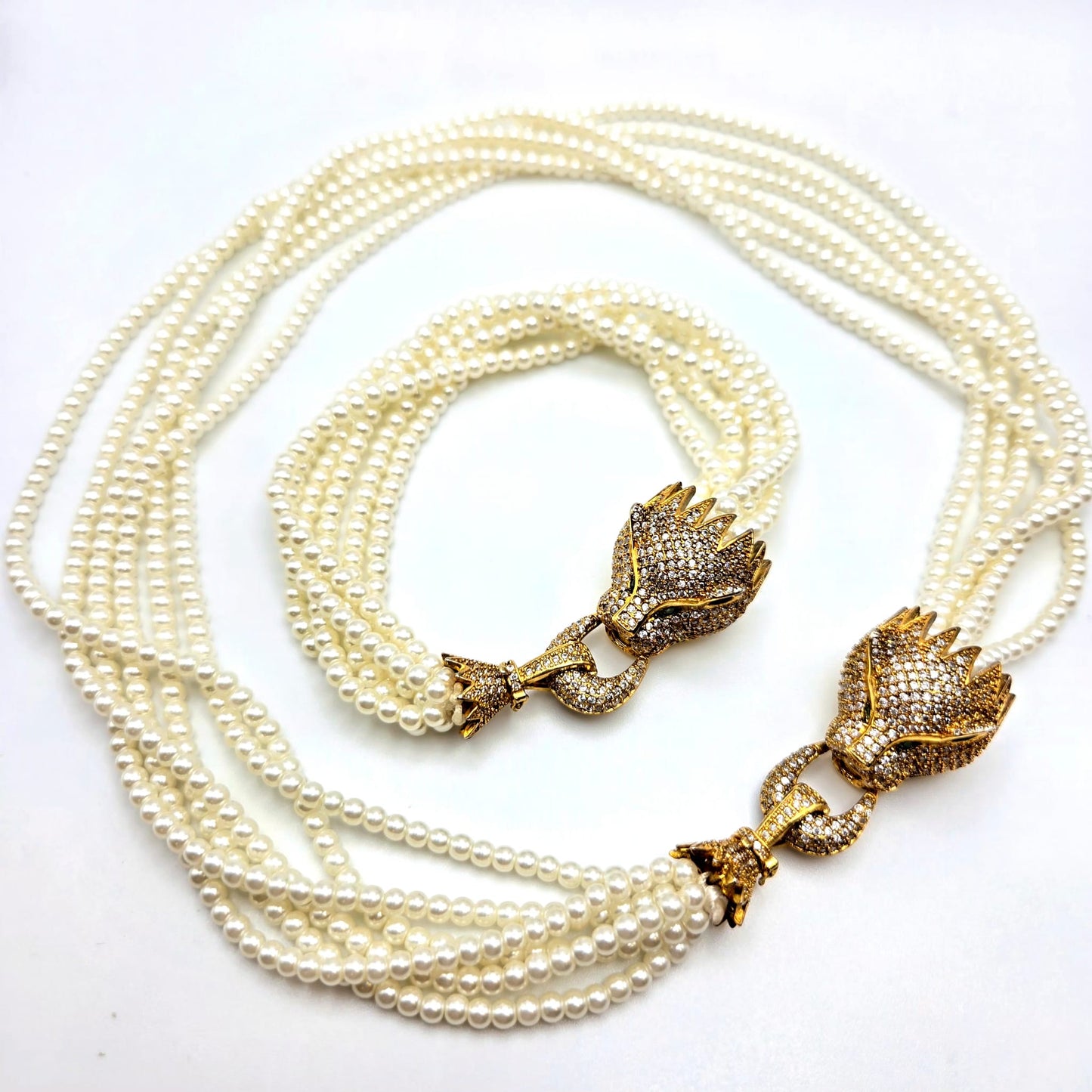 Vintage Green Eyes Leopard Necklace and Bracelet Set, Multi Strand Faux Pearls, Rhinestones, Gold Tone Metal