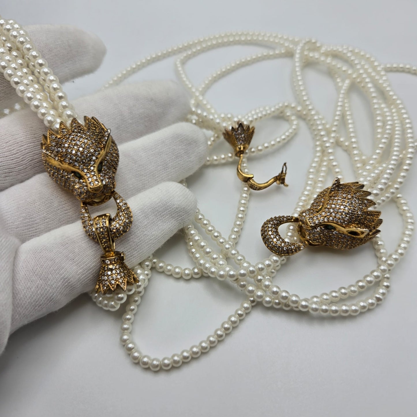 Vintage Green Eyes Leopard Necklace and Bracelet Set, Multi Strand Faux Pearls, Rhinestones, Gold Tone Metal