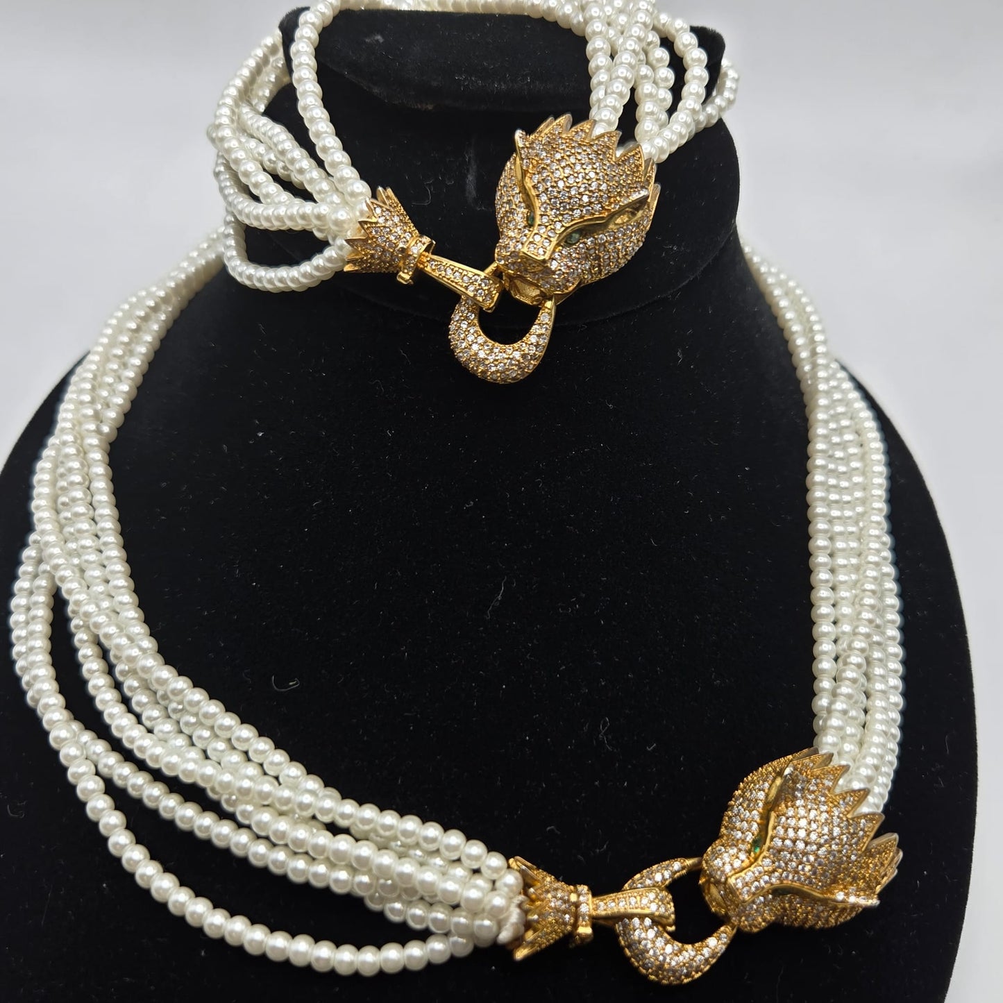 Vintage Green Eyes Leopard Necklace and Bracelet Set, Multi Strand Faux Pearls, Rhinestones, Gold Tone Metal