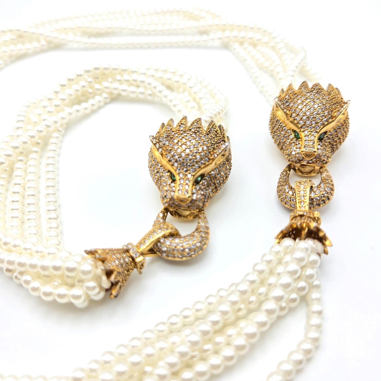 Vintage Green Eyes Leopard Necklace and Bracelet Set, Multi Strand Faux Pearls, Rhinestones, Gold Tone Metal