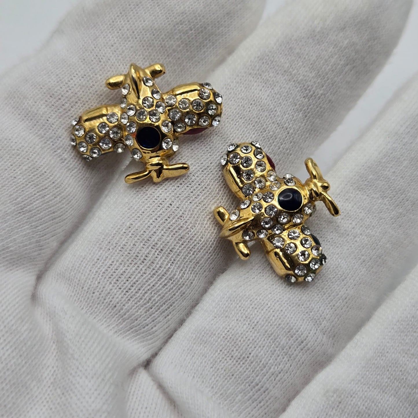 Vintage Airplane Pierced Earrings with Rhinestones, Green, Red, Blue Enamel, Gold Tone