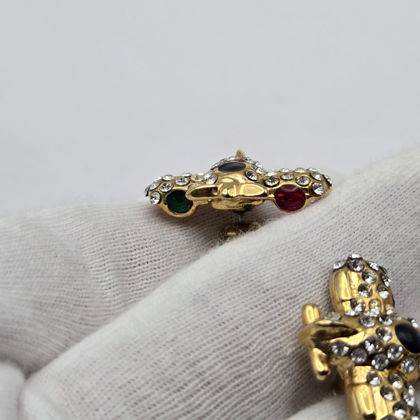 Vintage Airplane Pierced Earrings with Rhinestones, Green, Red, Blue Enamel, Gold Tone
