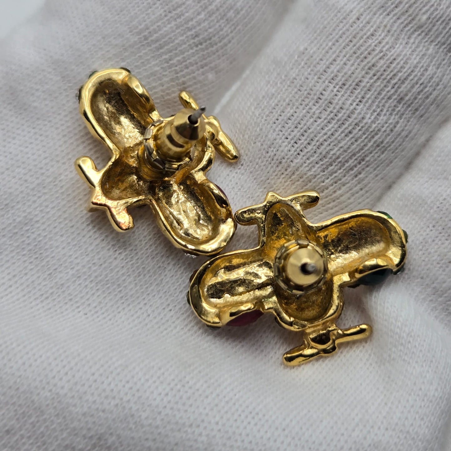 Vintage Airplane Pierced Earrings with Rhinestones, Green, Red, Blue Enamel, Gold Tone