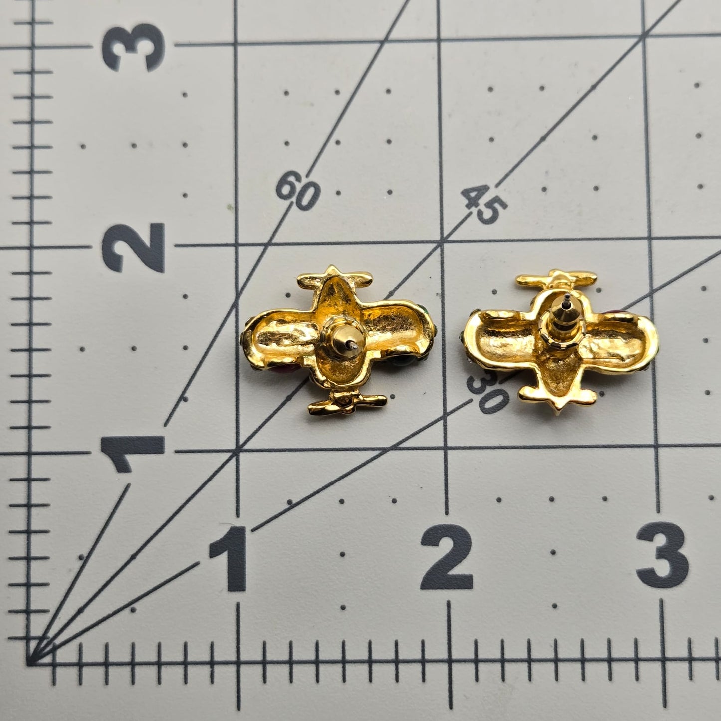 Vintage Airplane Pierced Earrings with Rhinestones, Green, Red, Blue Enamel, Gold Tone