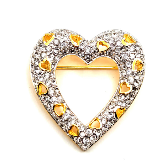 Vintage SWAROVSKI Swan Signed Heart Shaped Pave Crystal Brooch Pin, Gold Tone
