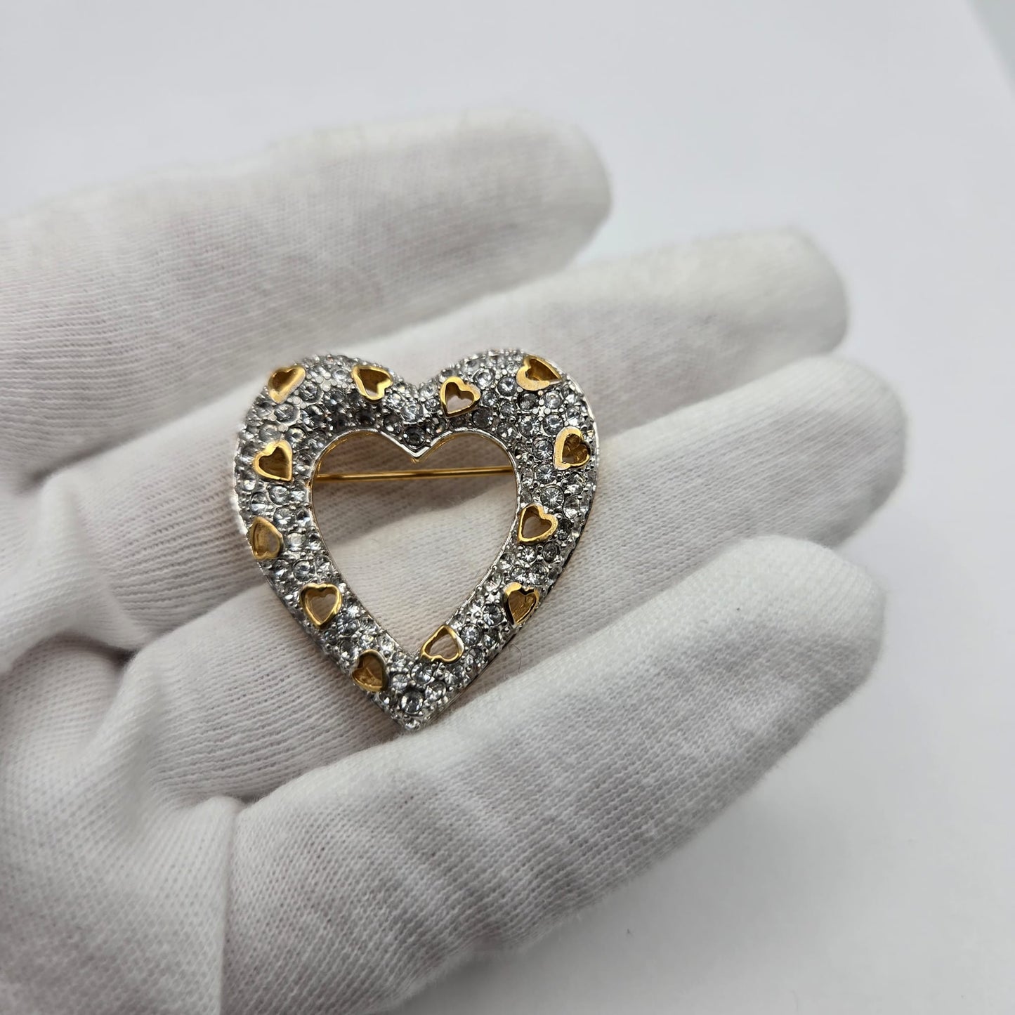 Vintage SWAROVSKI Swan Signed Heart Shaped Pave Crystal Brooch Pin, Gold Tone