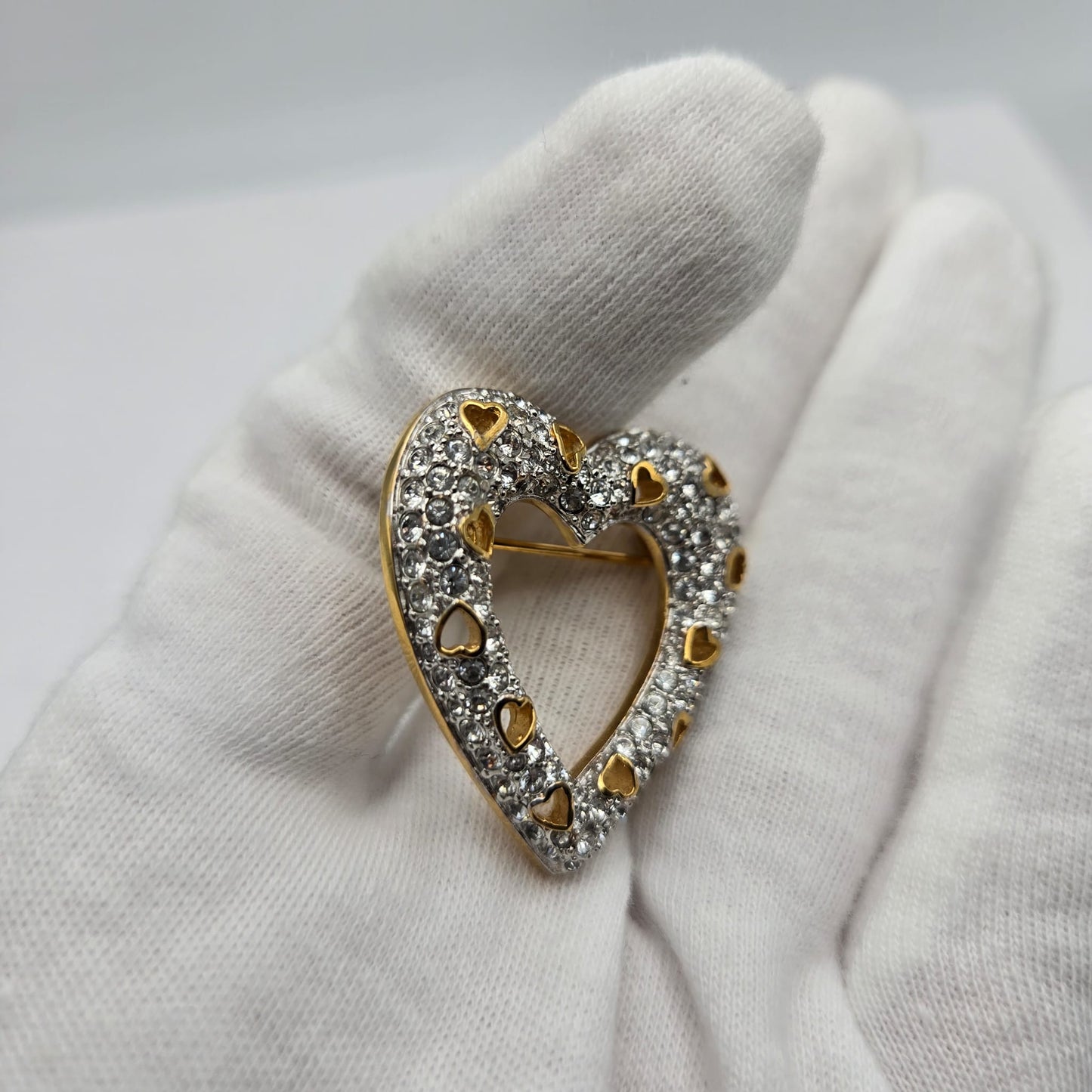 Vintage SWAROVSKI Swan Signed Heart Shaped Pave Crystal Brooch Pin, Gold Tone