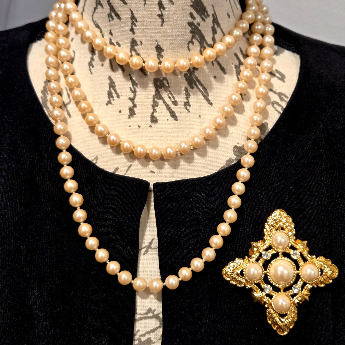 Vintage KJL For AVON Maltese Cross Pin Brooch/Pendant, Faux Pearls, Rhinestones, Gold Tone