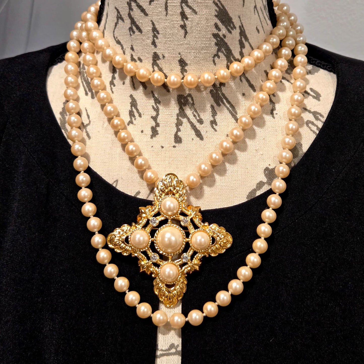 Vintage KJL For AVON Maltese Cross Pin Brooch/Pendant, Faux Pearls, Rhinestones, Gold Tone