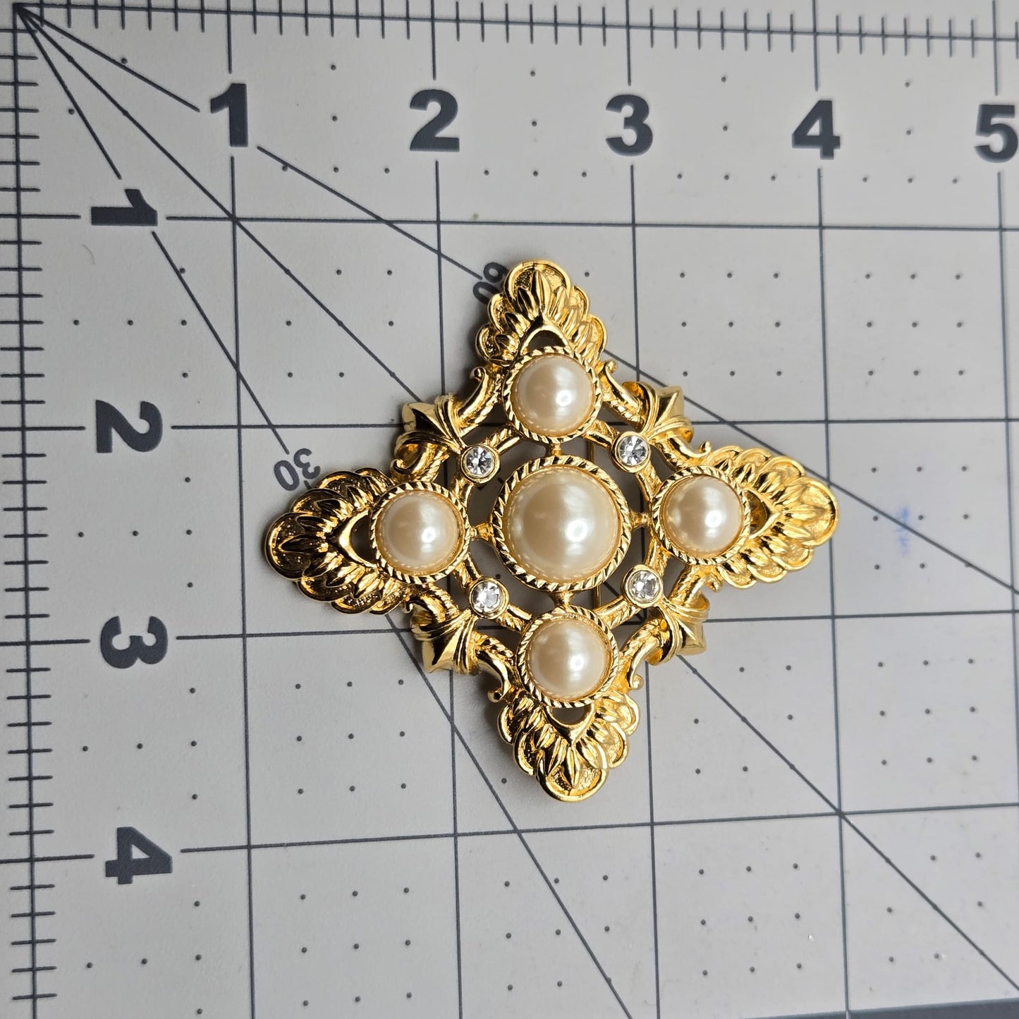 Vintage KJL For AVON Maltese Cross Pin Brooch/Pendant, Faux Pearls, Rhinestones, Gold Tone