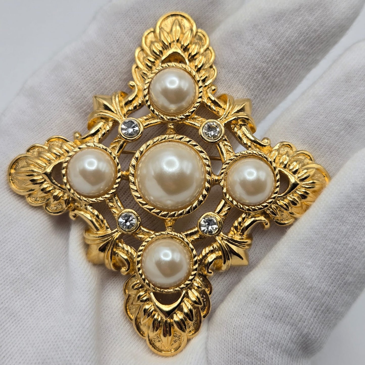Vintage KJL For AVON Maltese Cross Pin Brooch/Pendant, Faux Pearls, Rhinestones, Gold Tone