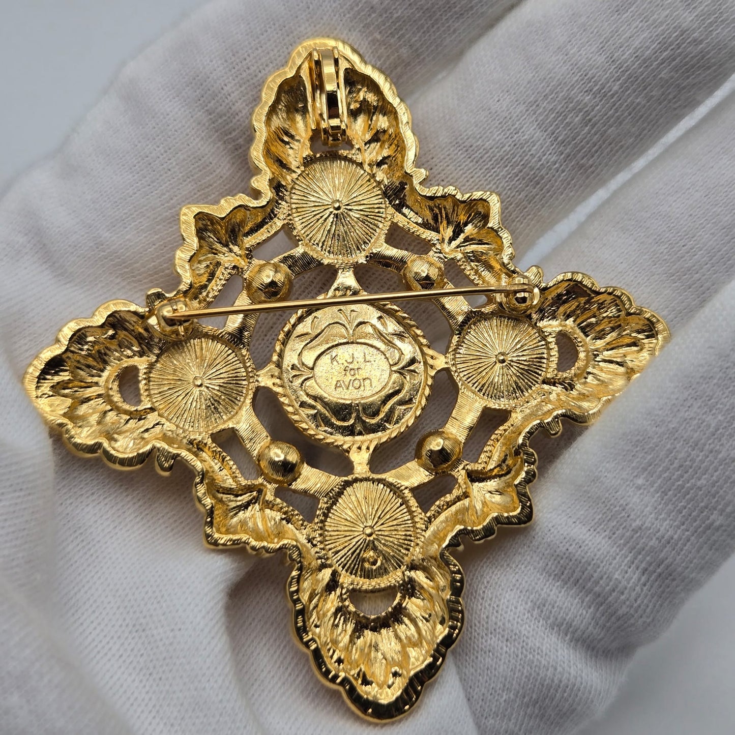 Vintage KJL For AVON Maltese Cross Pin Brooch/Pendant, Faux Pearls, Rhinestones, Gold Tone
