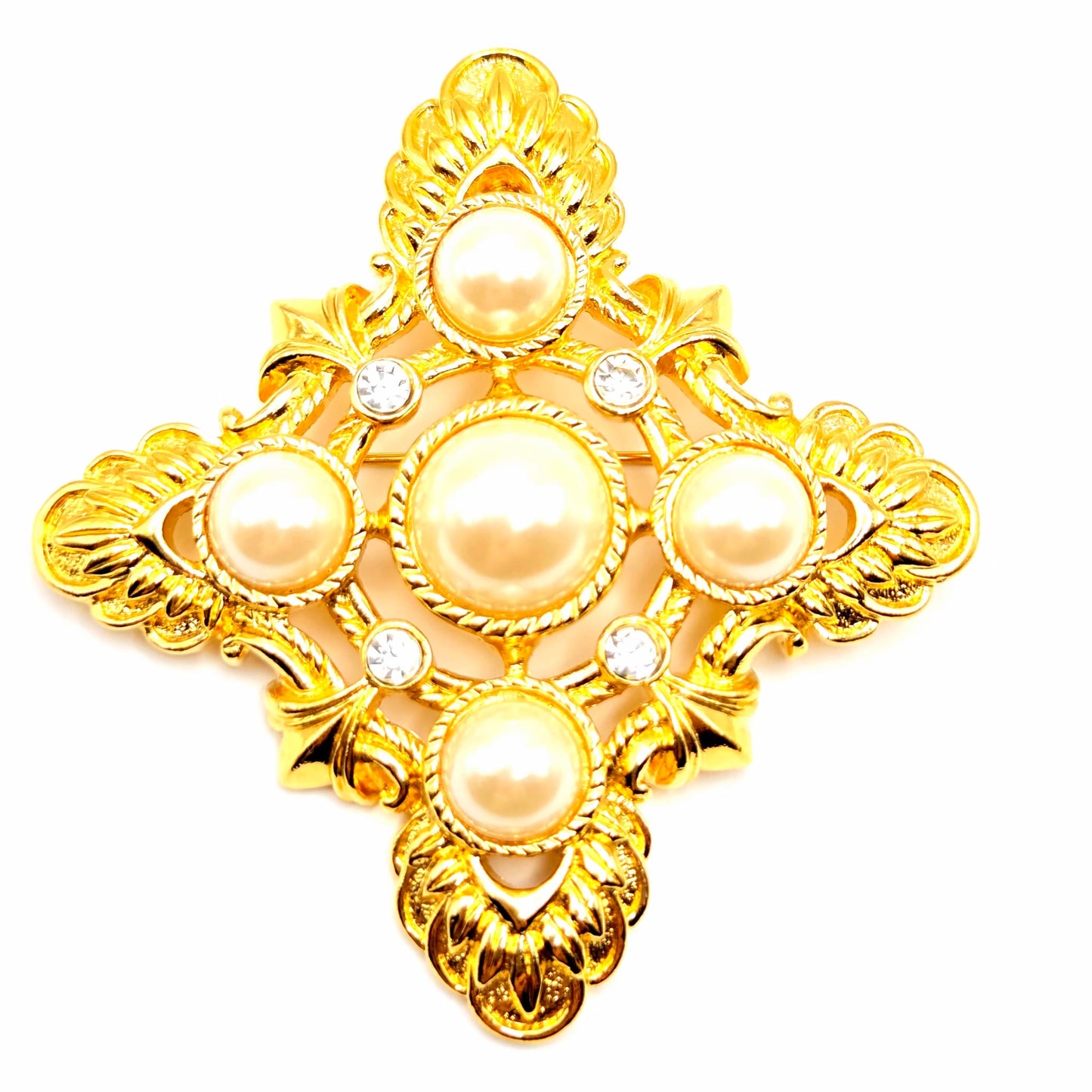 Vintage KJL For AVON Maltese Cross Pin Brooch/Pendant, Faux Pearls, Rhinestones, Gold Tone
