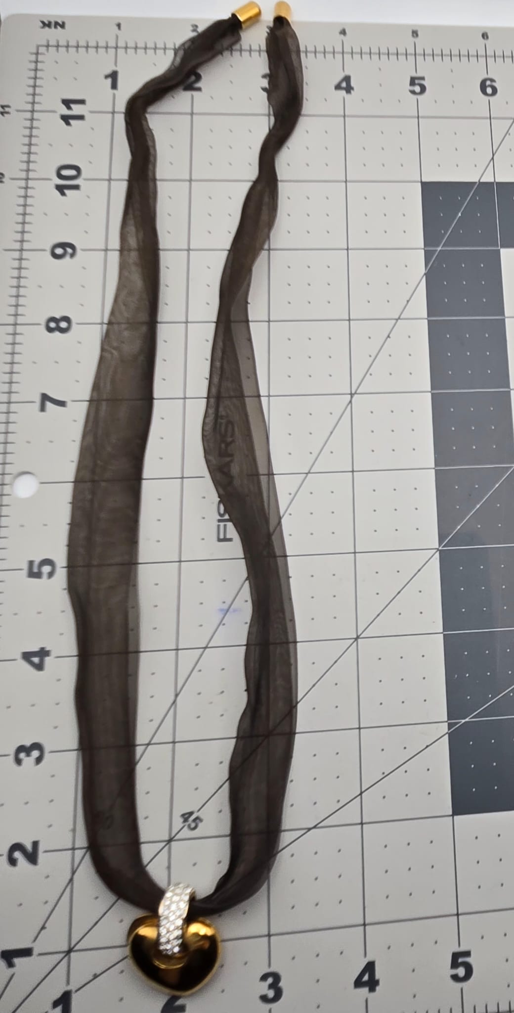 Vintage SWAROVSKI Swan Signed Gold Tone Pendant Necklace, Heart Splits Into Two with Red Crystal Heart Inside, Brown Ribbon