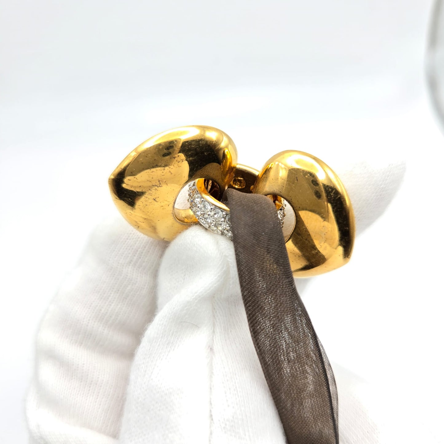 Vintage SWAROVSKI Swan Signed Gold Tone Pendant Necklace, Heart Splits Into Two with Red Crystal Heart Inside, Brown Ribbon