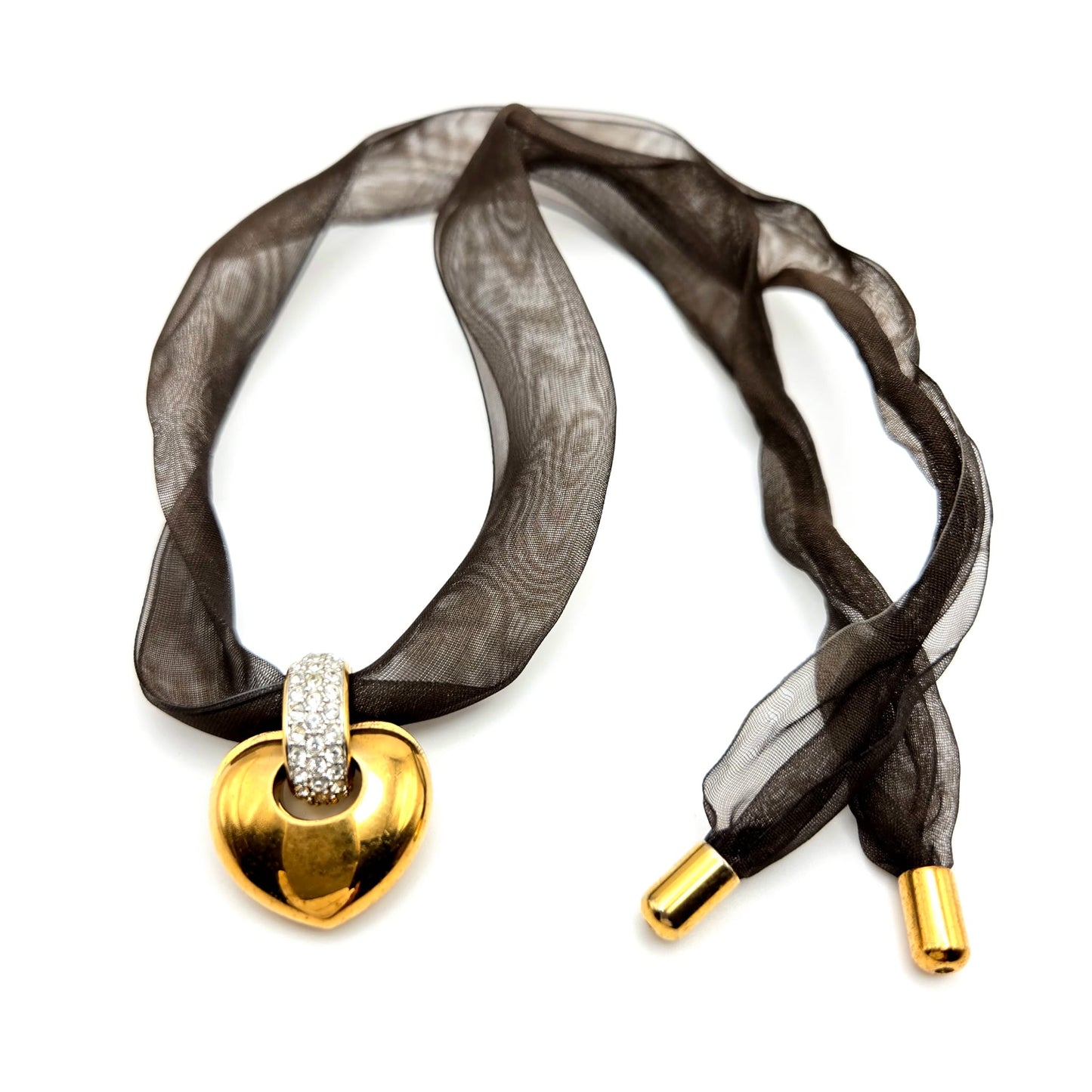 Vintage SWAROVSKI Swan Signed Gold Tone Pendant Necklace, Heart Splits Into Two with Red Crystal Heart Inside, Brown Ribbon