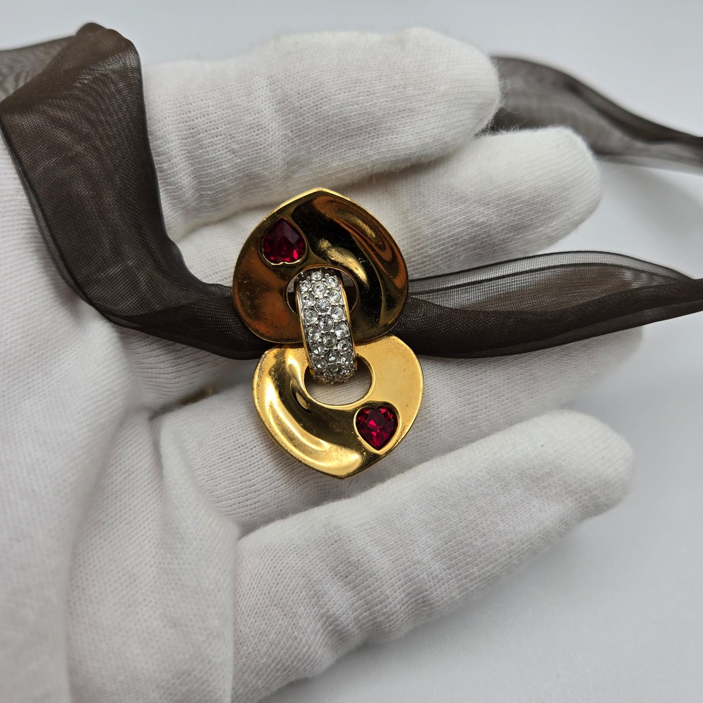 Vintage SWAROVSKI Swan Signed Gold Tone Pendant Necklace, Heart Splits Into Two with Red Crystal Heart Inside, Brown Ribbon