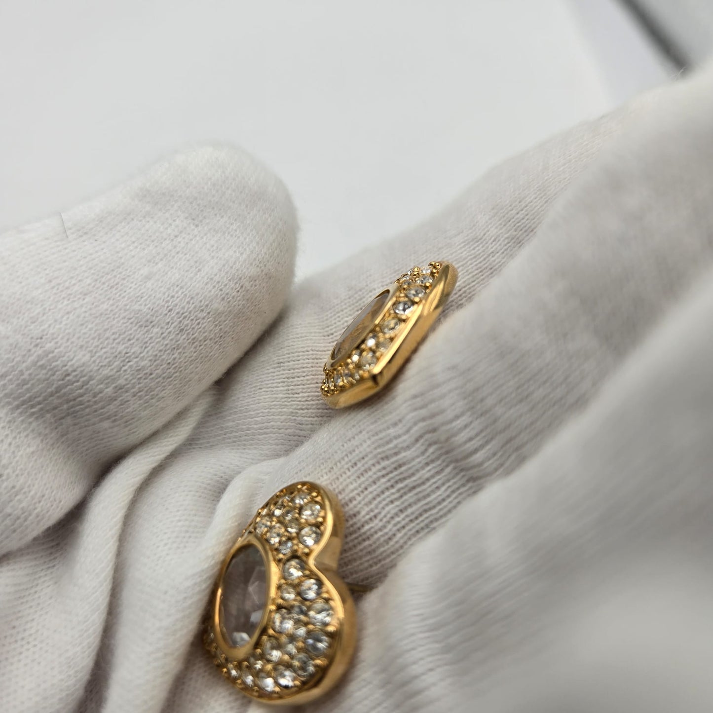 Vintage SWAROVSKI Swan Signed Heart Shaped Pave Crystal Gold Tone Pierced Earrings