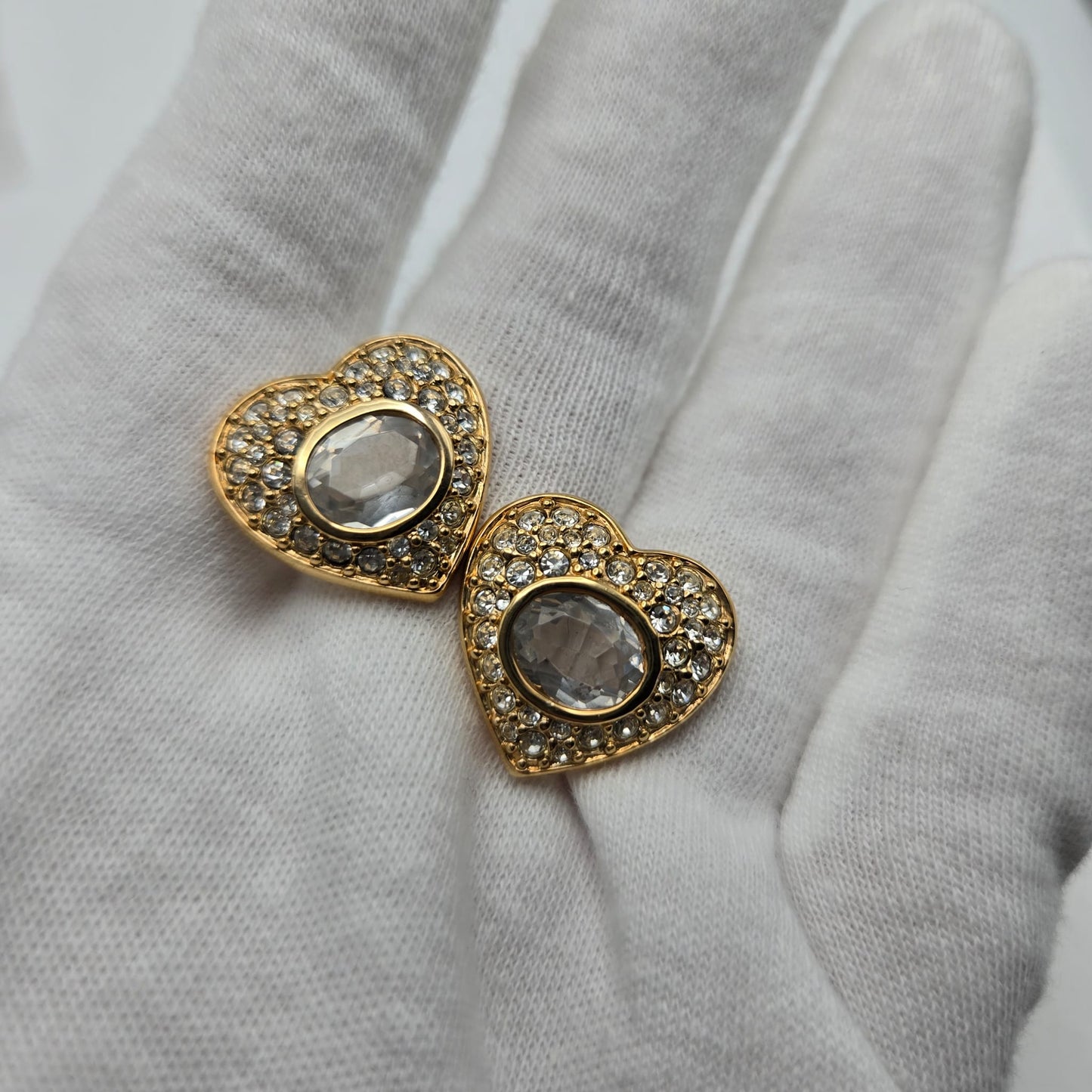 Vintage SWAROVSKI Swan Signed Heart Shaped Pave Crystal Gold Tone Pierced Earrings