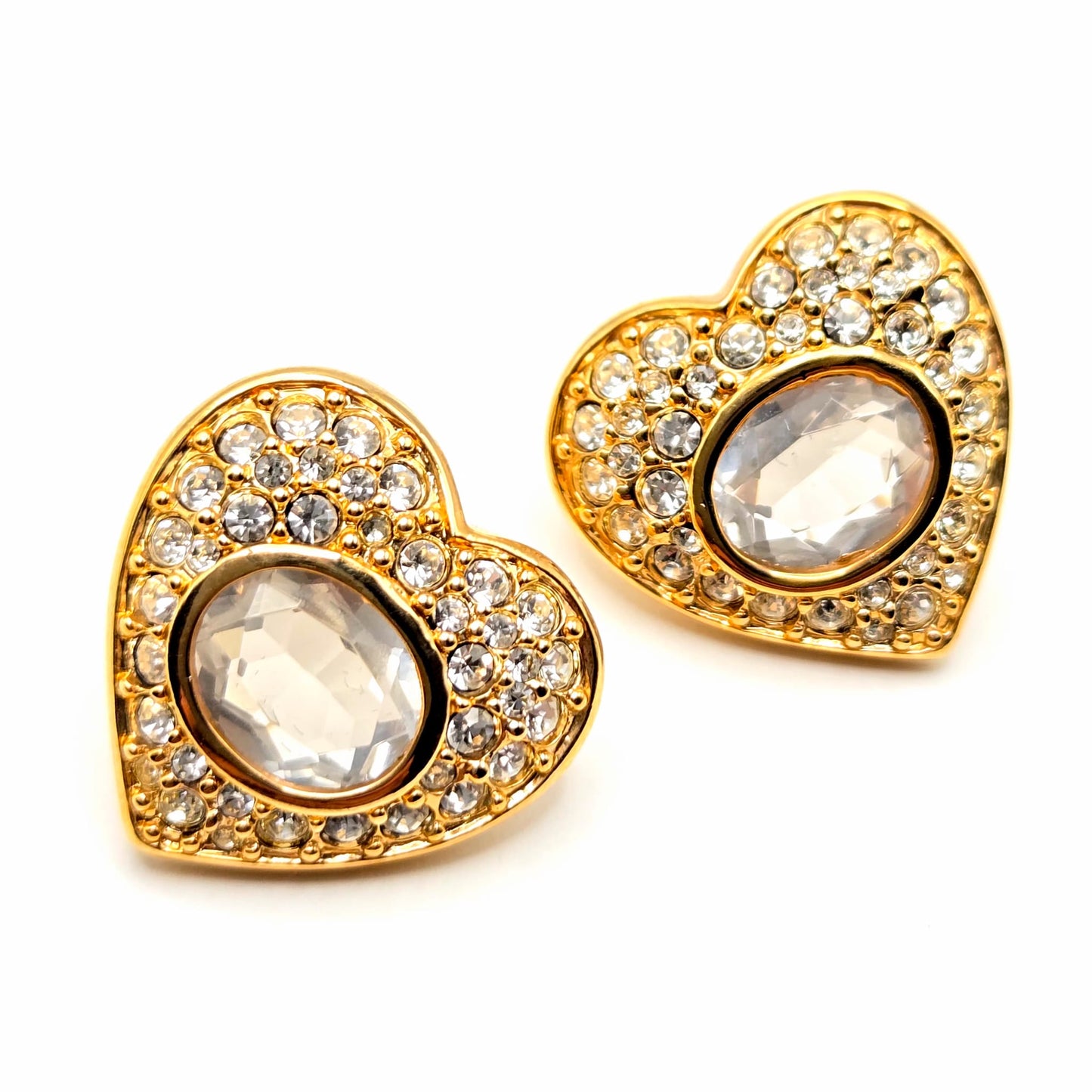 Vintage SWAROVSKI Swan Signed Heart Shaped Pave Crystal Gold Tone Pierced Earrings