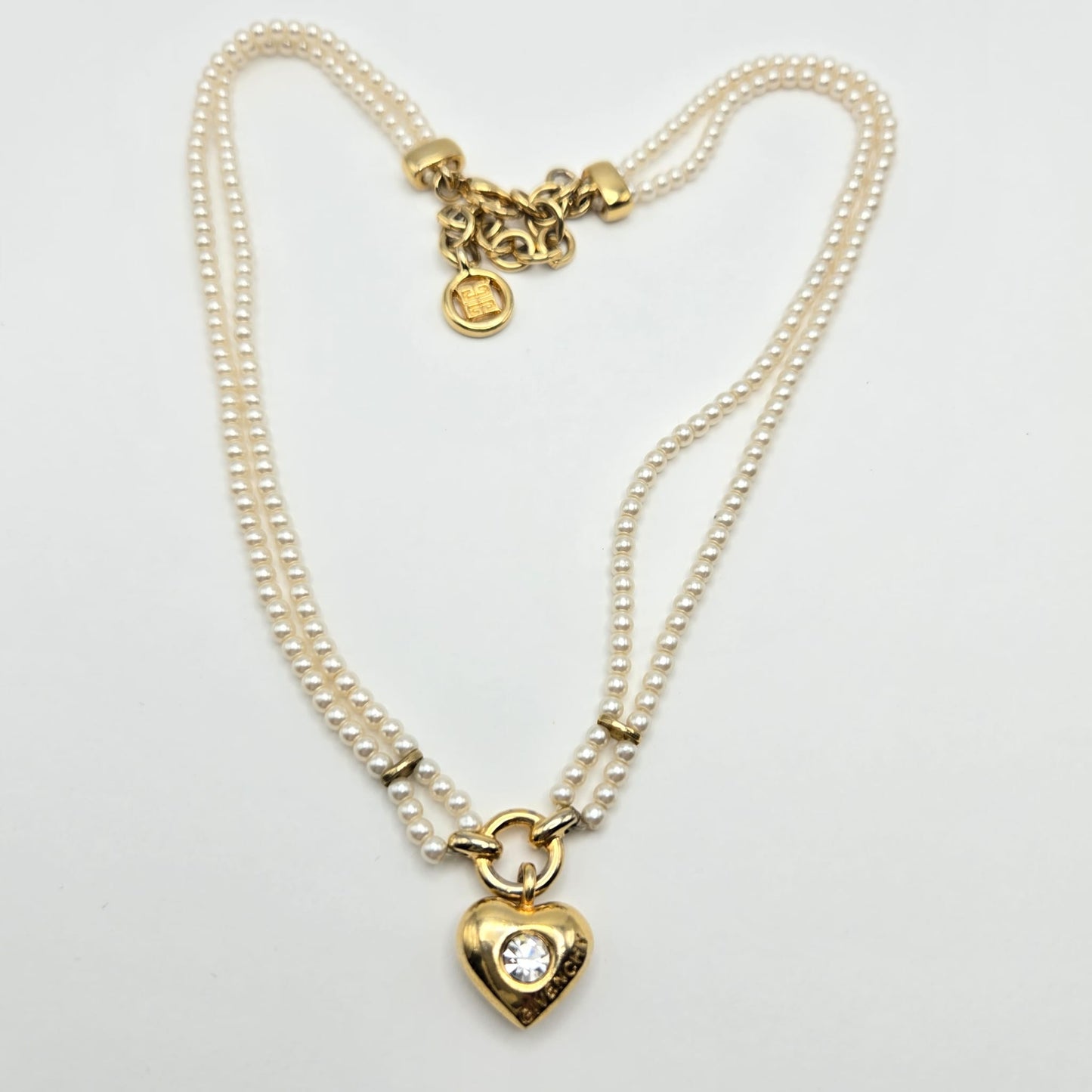Vintage GIVENCHY Signed Heart, Double Strand Faux Pearls, Rhinestone, Gold Tone Necklace