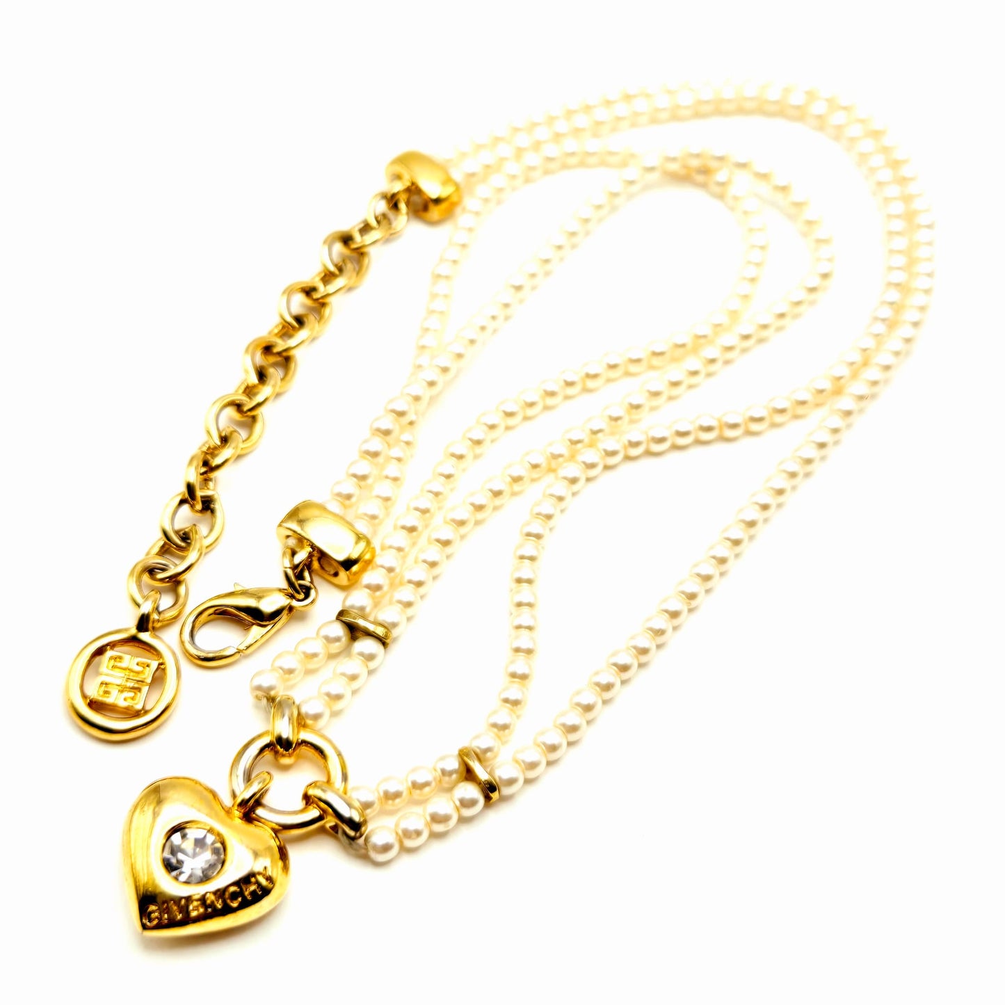 Vintage GIVENCHY Signed Heart, Double Strand Faux Pearls, Rhinestone, Gold Tone Necklace