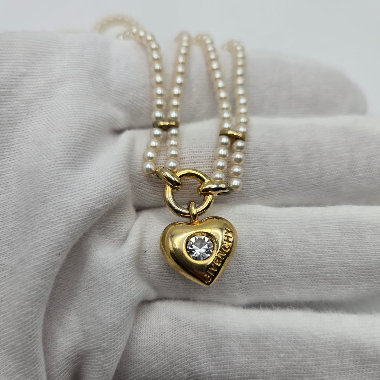 Vintage GIVENCHY Signed Heart, Double Strand Faux Pearls, Rhinestone, Gold Tone Necklace