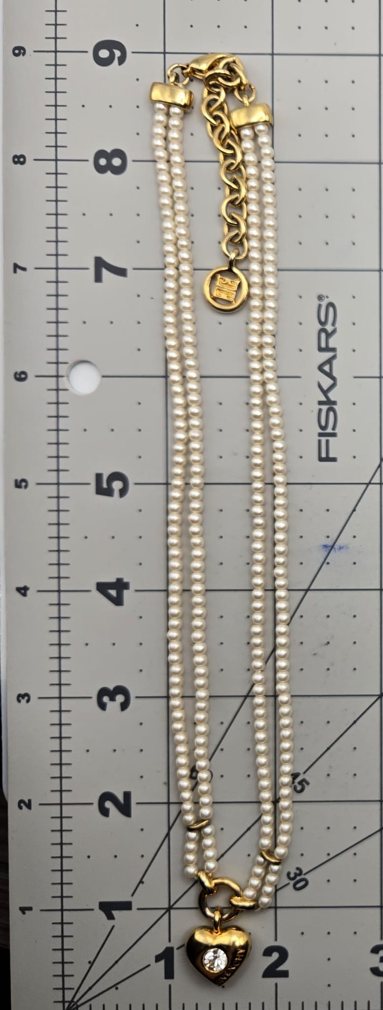 Vintage GIVENCHY Signed Heart, Double Strand Faux Pearls, Rhinestone, Gold Tone Necklace