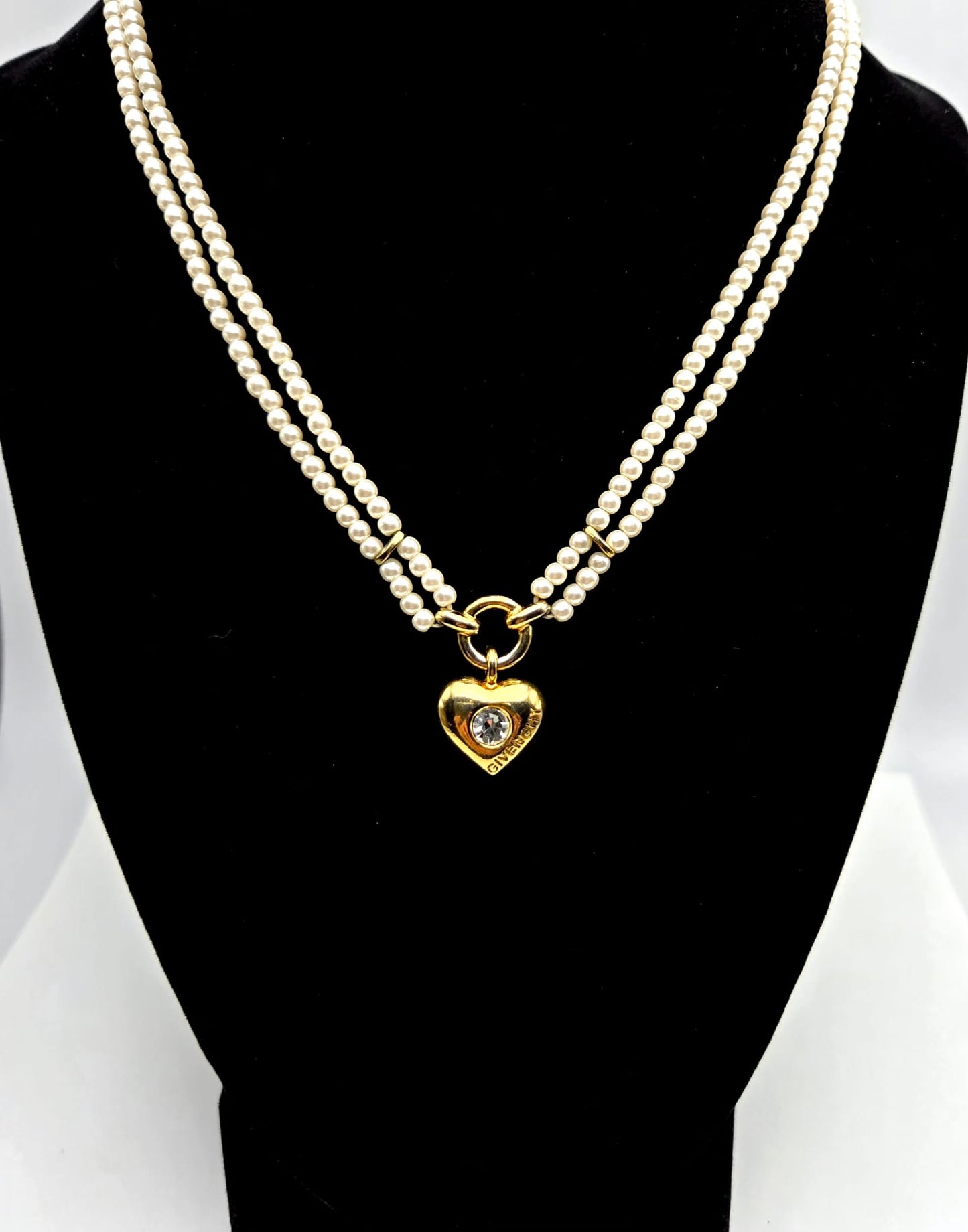 Vintage GIVENCHY Signed Heart, Double Strand Faux Pearls, Rhinestone, Gold Tone Necklace