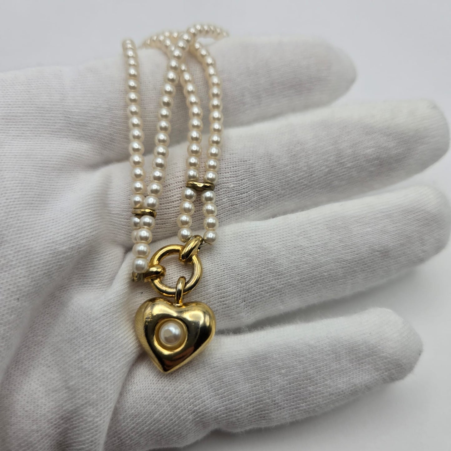 Vintage GIVENCHY Signed Heart, Double Strand Faux Pearls, Rhinestone, Gold Tone Necklace
