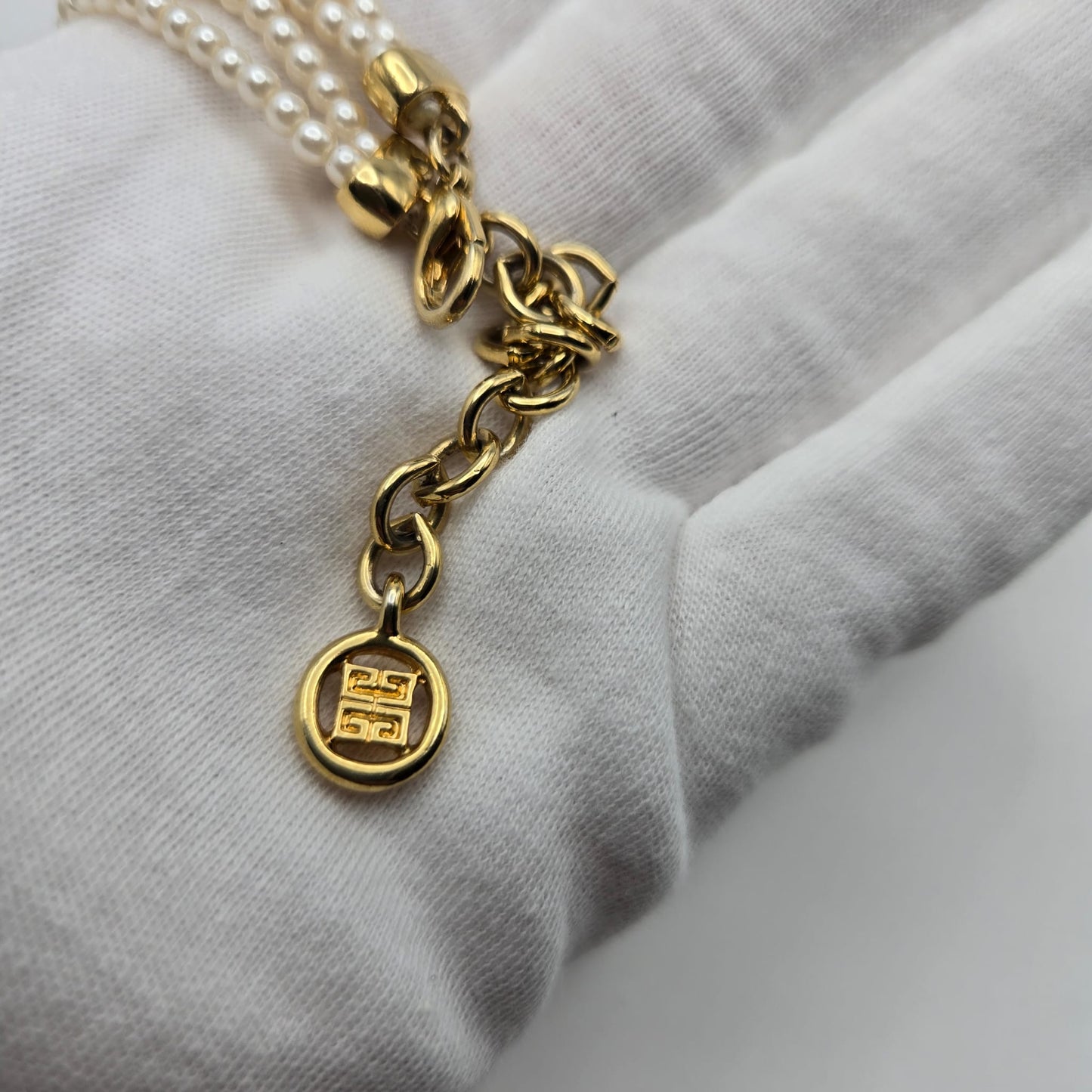 Vintage GIVENCHY Signed Heart, Double Strand Faux Pearls, Rhinestone, Gold Tone Necklace