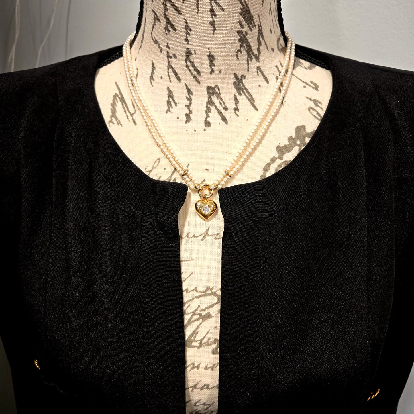 Vintage GIVENCHY Signed Heart, Double Strand Faux Pearls, Rhinestone, Gold Tone Necklace