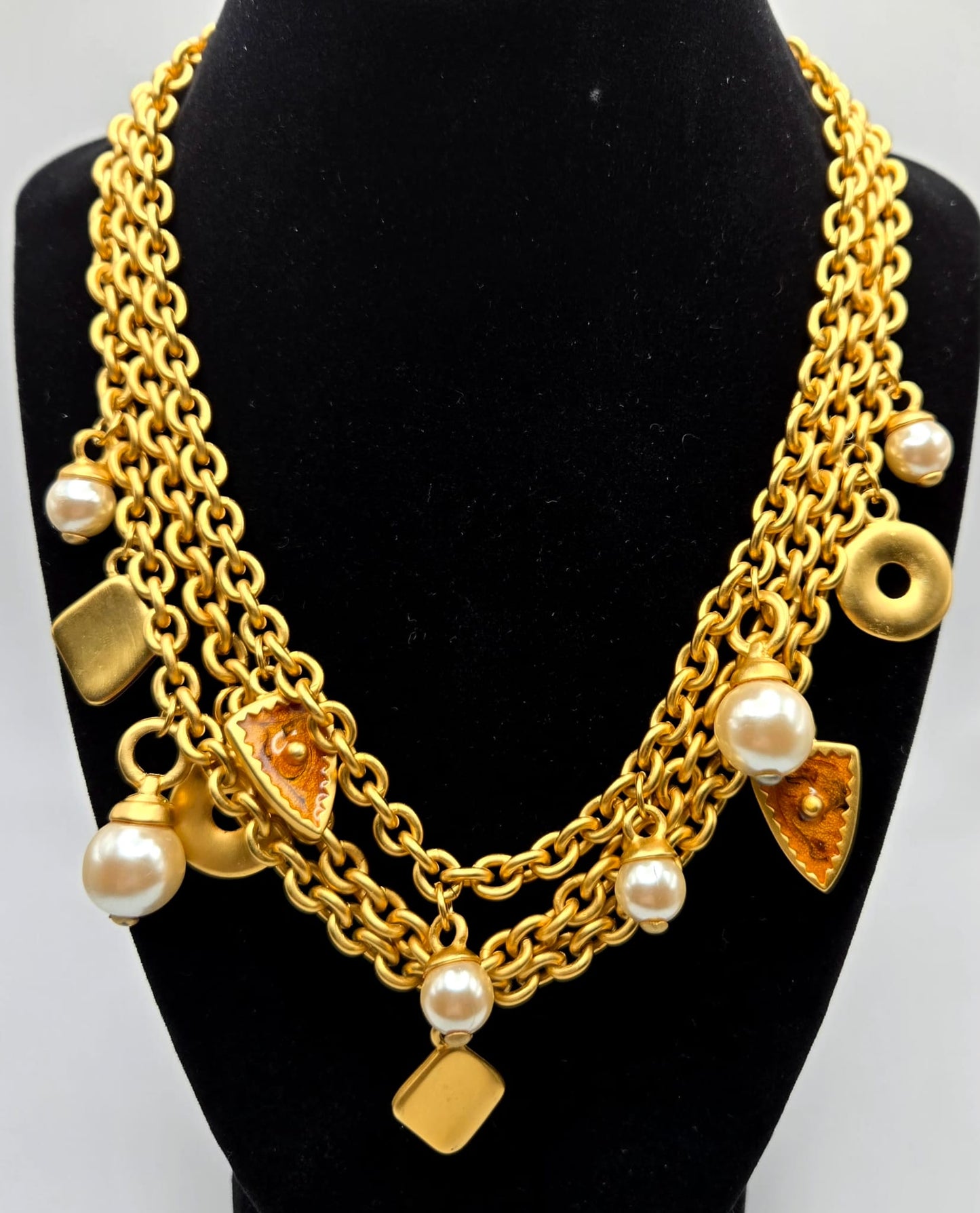 Vintage Etruscan Style Chain Charms Faux Pearls Enamel Gold Tone Necklace