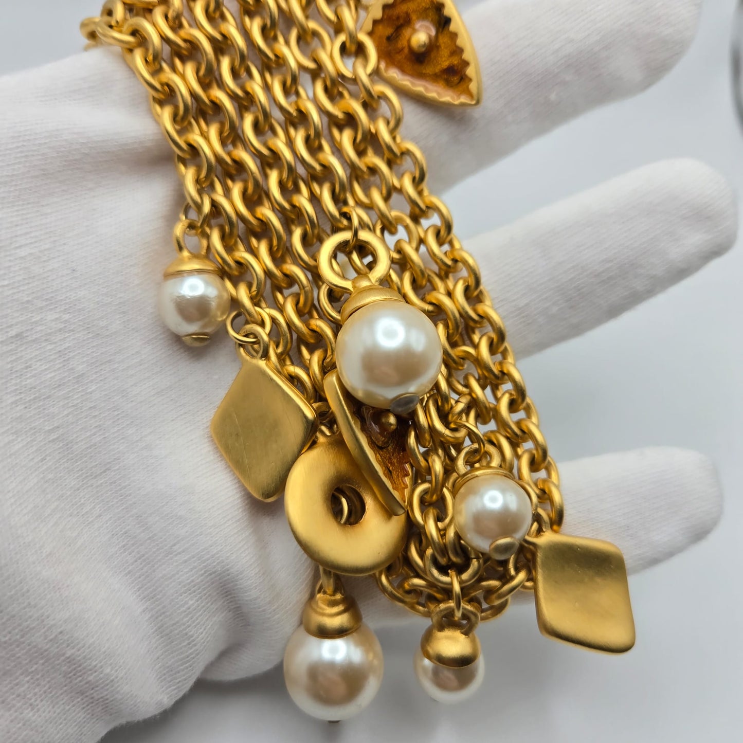 Vintage Etruscan Style Chain Charms Faux Pearls Enamel Gold Tone Necklace