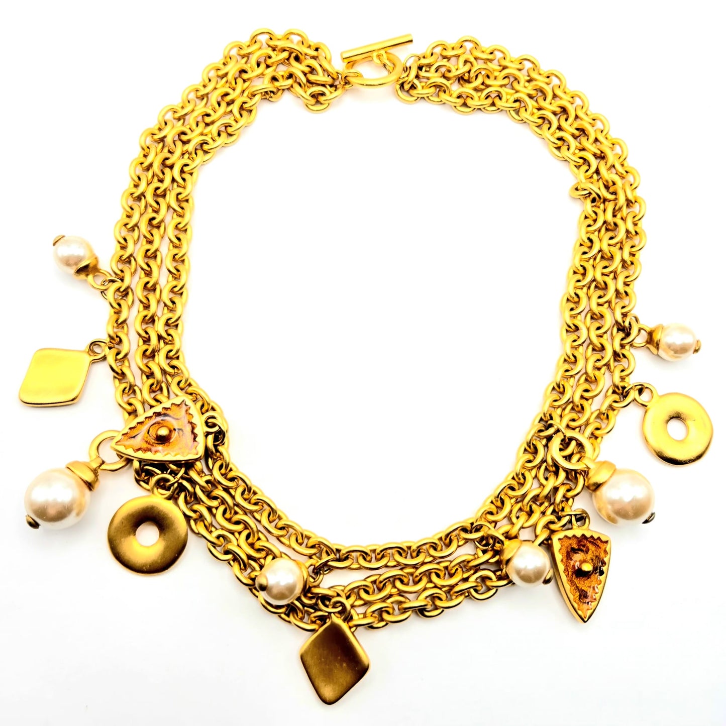 Vintage Etruscan Style Chain Charms Faux Pearls Enamel Gold Tone Necklace