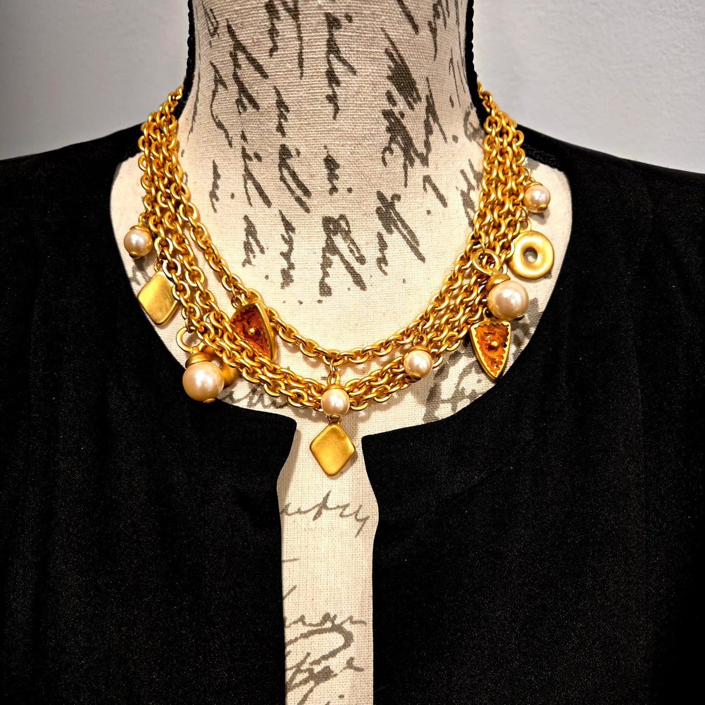 Vintage Etruscan Style Chain Charms Faux Pearls Enamel Gold Tone Necklace